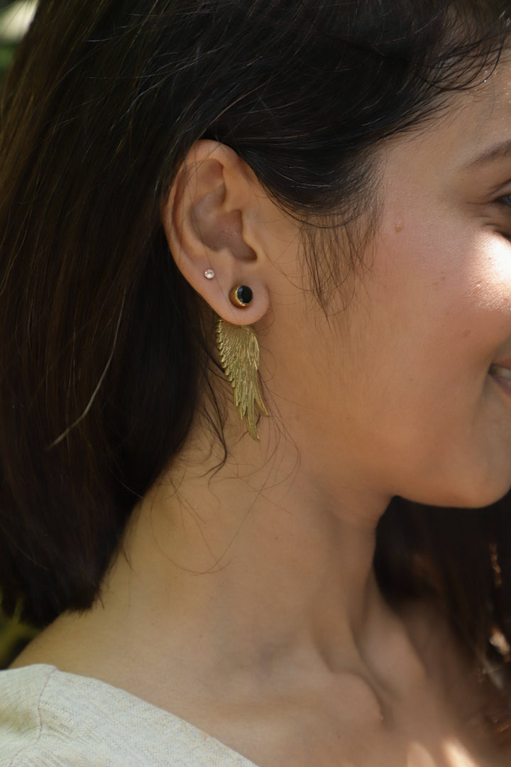 Angel wing earrings with black agate crystal