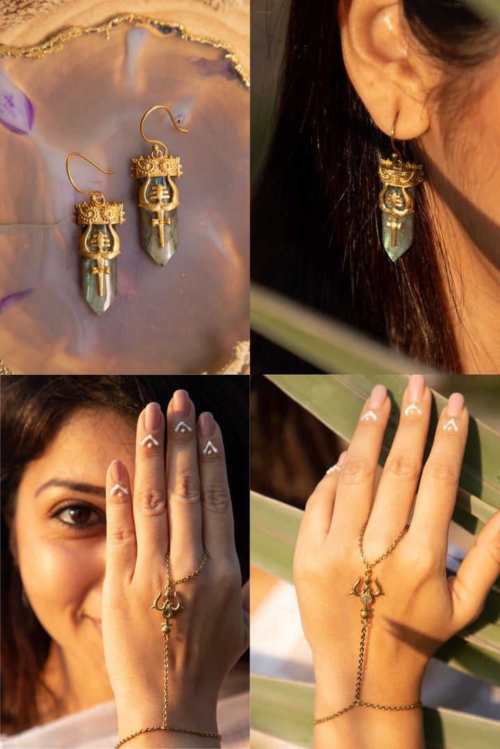 Trishul Labrodite earrings + Trishul connector bracelet Combo of 2 items