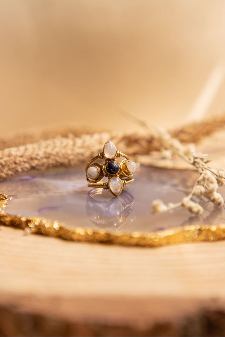 Moonstone drop bangle + lapis petal ring combo of 2 items
