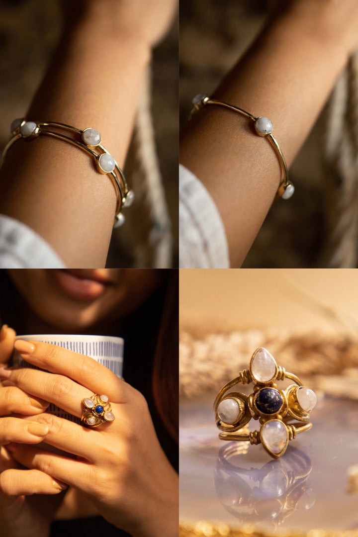Moonstone drop bangle + lapis petal ring combo of 2 items