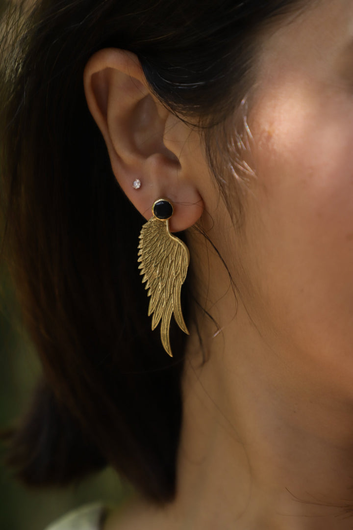 Angel wing earrings with black agate crystal