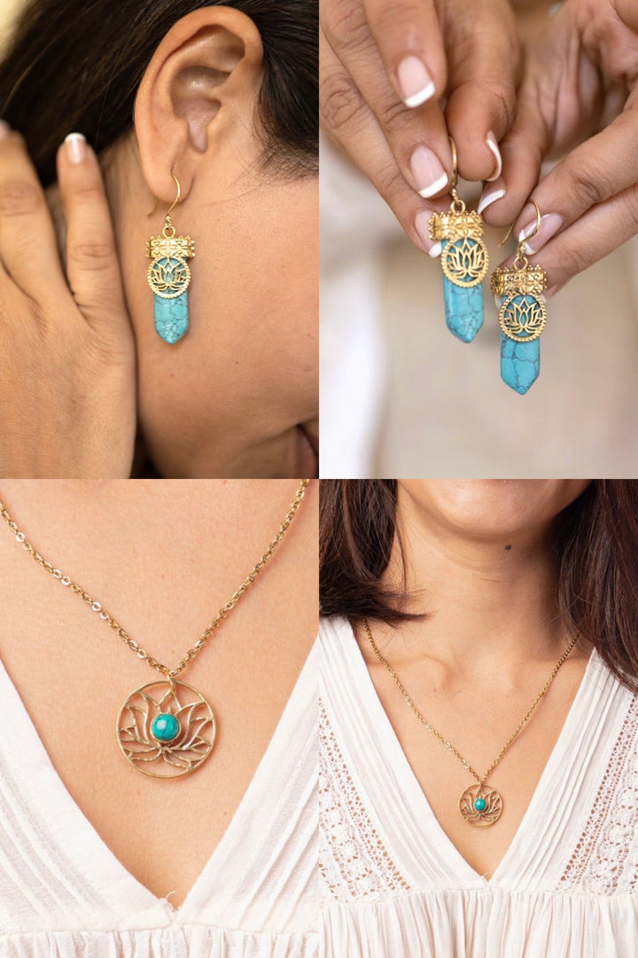 Turquoise lotus pencil drop earring + lotus short necklace combo of 2 items