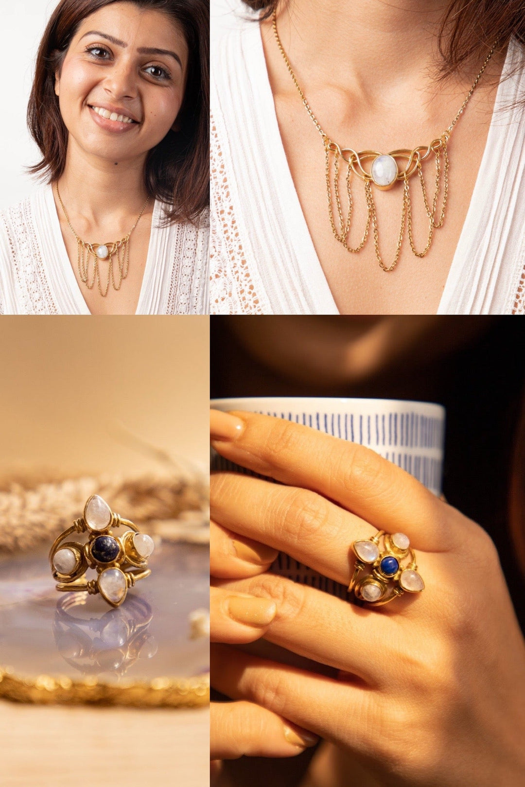 Moonstone gypsy necklace + lapis petal ring adjustable combo of 2 items