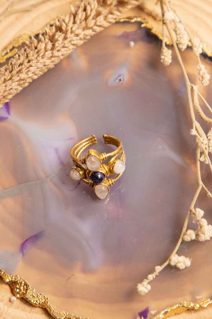 Moonstone gypsy necklace + lapis petal ring adjustable combo of 2 items