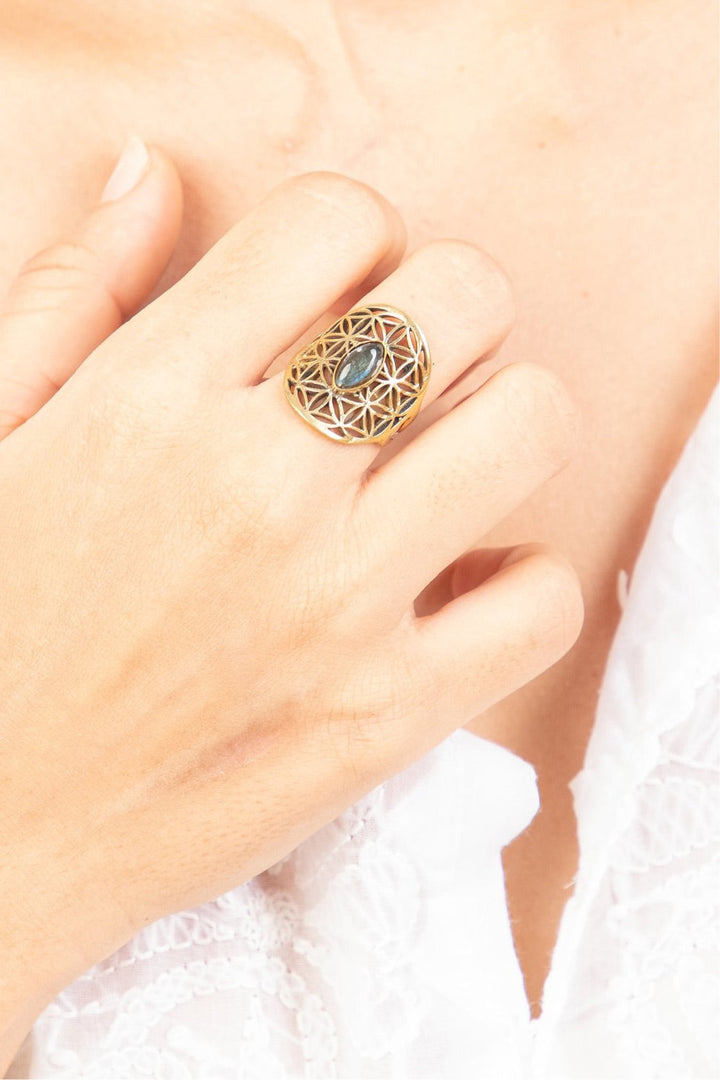 Labradorite flower of life adjustable ring