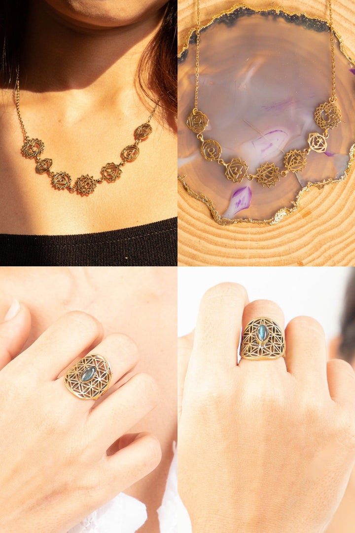 Seven chakra necklace + Labradorite flower of life adjustable ring combo of 2 items