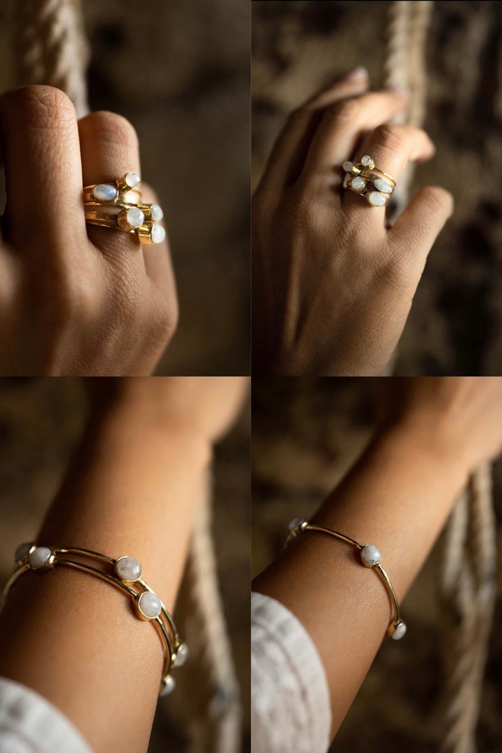 Stackable moonstone ring + moonstone drop bangle combo of 2 items