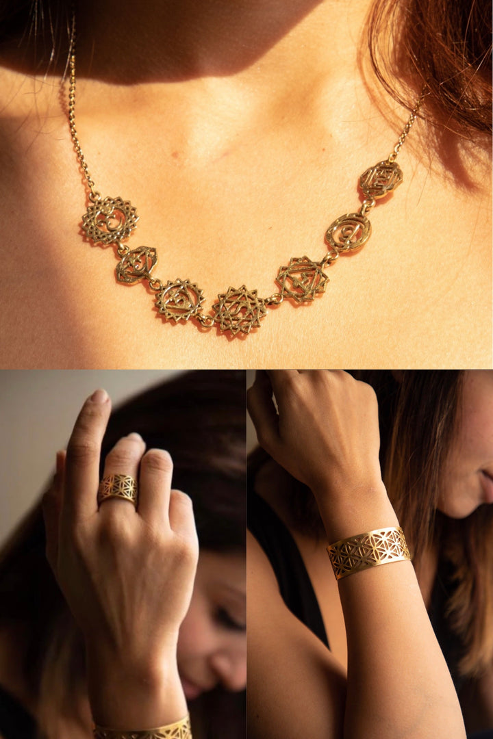 Seven chakra necklace + flower of life ring + flower of life kadha combo of 2 items