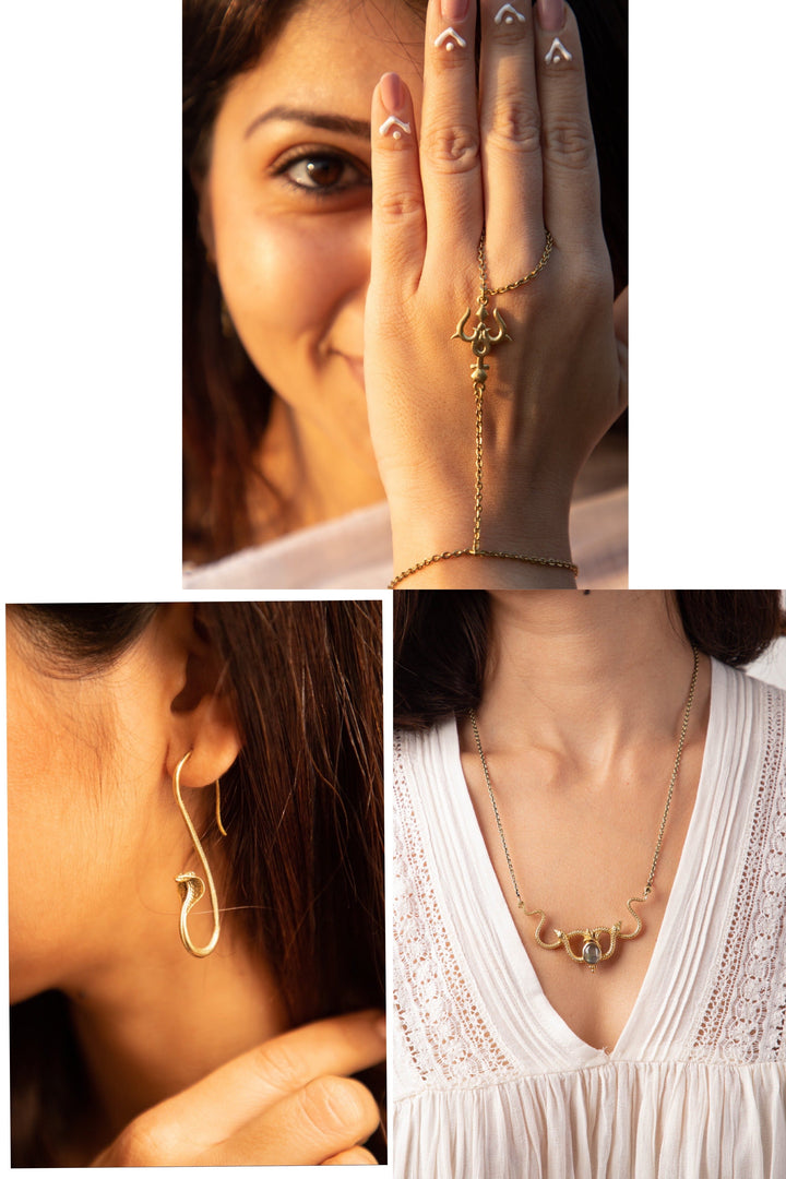 Kundalini twister necklace + Shivohum hoops + trishul connector bracket combo of 3 items