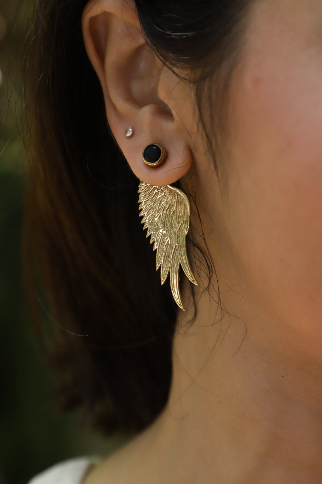 Angel wing earrings with black agate crystal