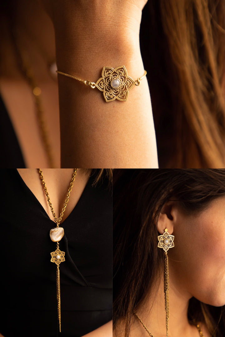Aurora long necklace + mandala drop earrings + moonstone mandala adjustable combo of 3 items