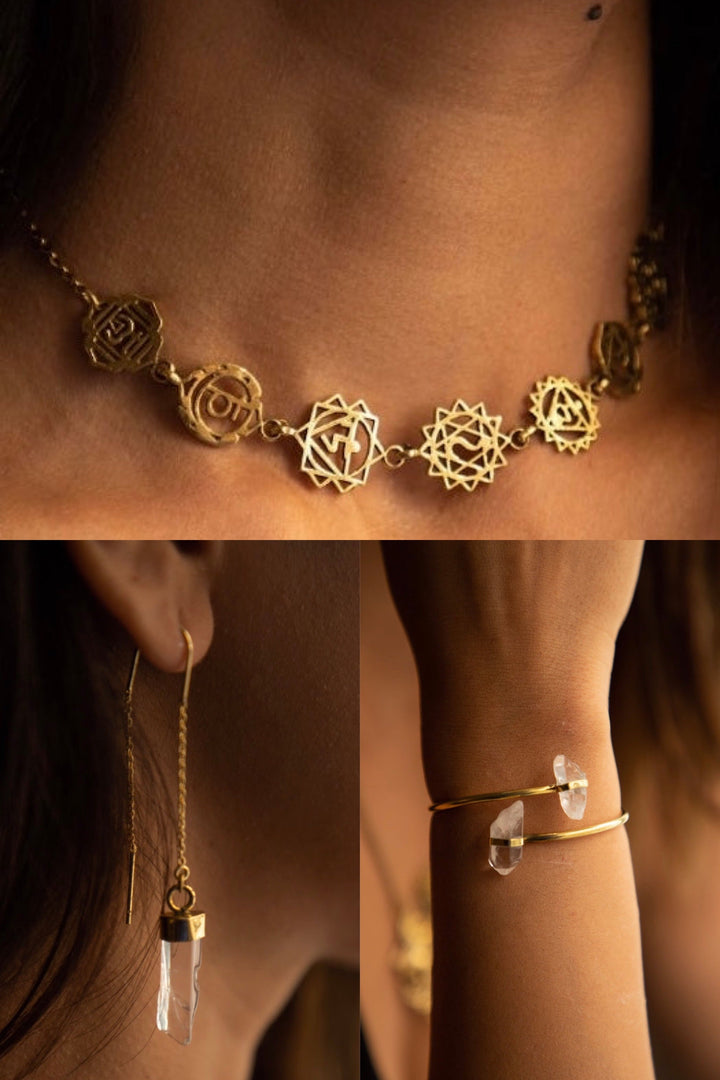 Seven chakra choker + crystal sui dhaga + crystal adjustable bracelet combo of 3 items