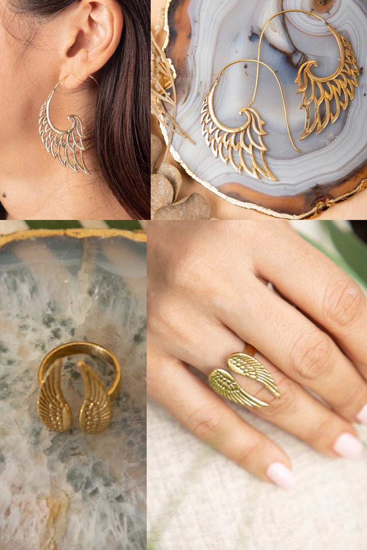 Angle Wing Earrings + Fairy Adjustable Ring Combo of 2 items