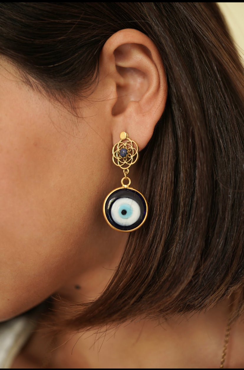 Lapis Flower of life with evil eye earrings.