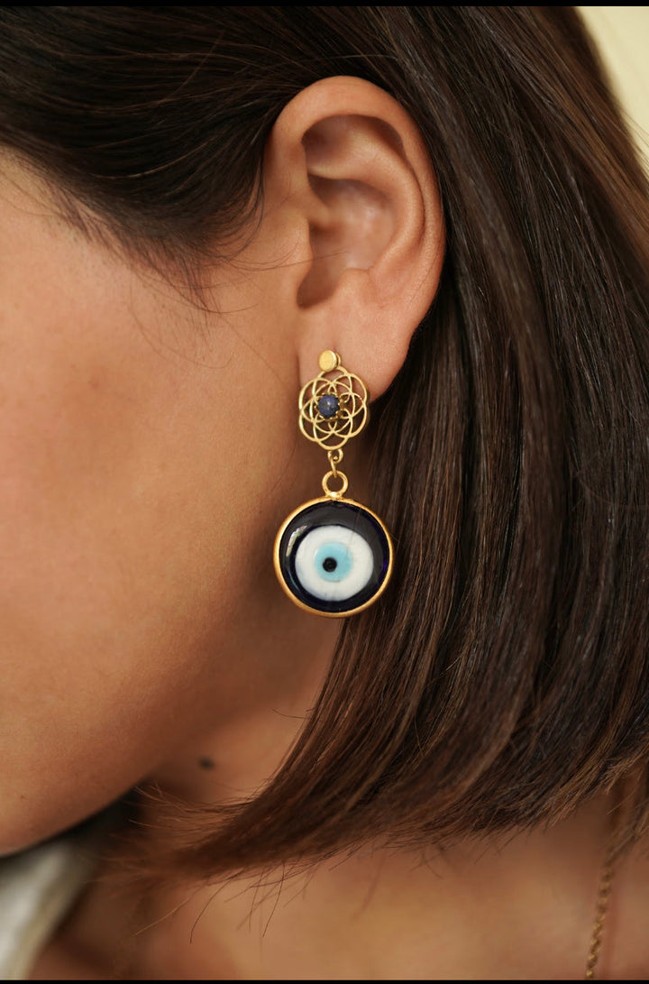 Lapis Flower of life with evil eye earrings.