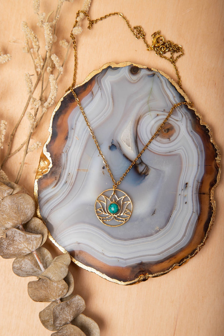 Turquoise lotus pencil drop earring + lotus short necklace combo of 2 items