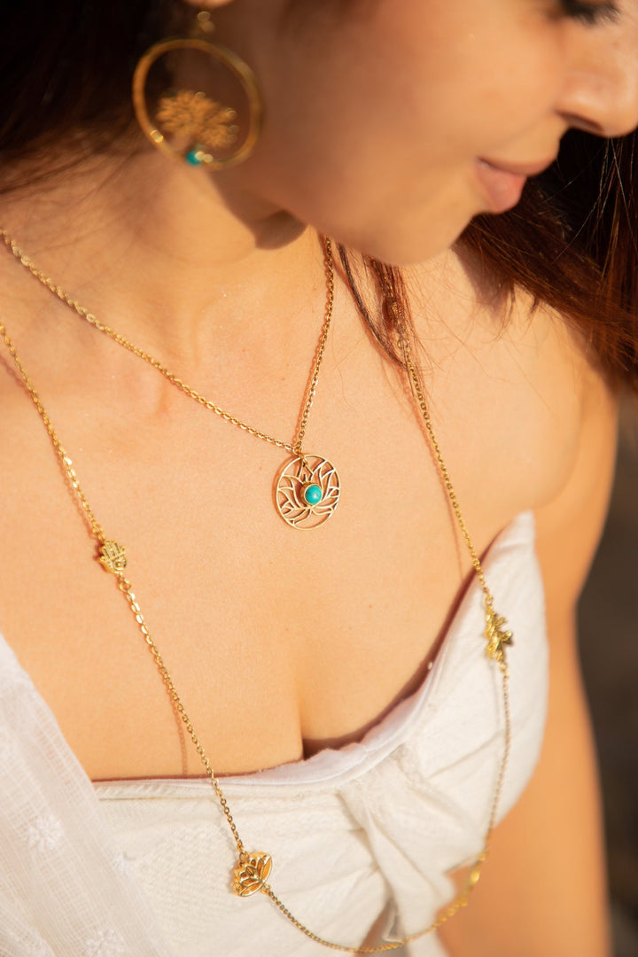 Turquoise lotus pencil drop earring + lotus short necklace combo of 2 items