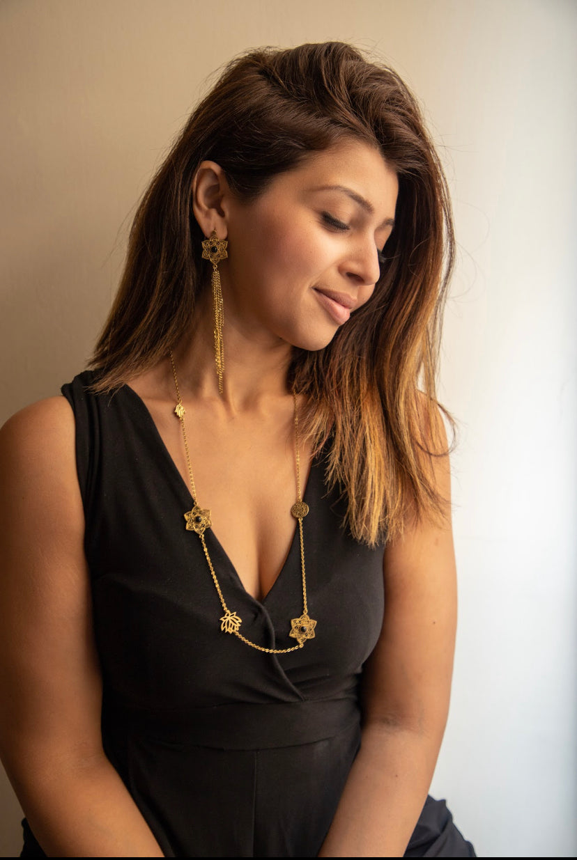 Black onyx mandala long necklace +Mandala drop earrings combo of 2 itema
